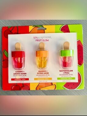 SpaScriptions 3 Pack Lippy Lip Oil Trio Fruit Glow - Cherry, Mango, Watermelon 🌼